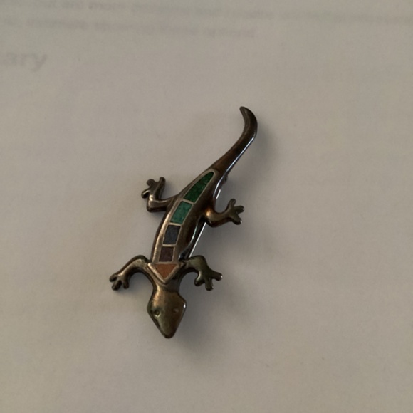 Signed Carolyn Pollack Sterling Silver Lizard Brooch Stone Inlay - Picture 2 of 5